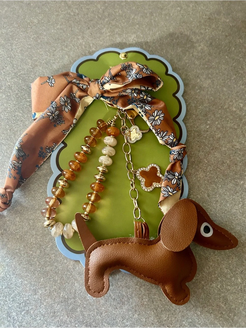 Brown Dachshund Charm Keychain with Floral ribbon